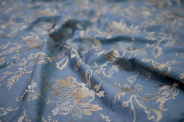 Embroidered Flowers on Greyish Blue Silk Tassar / Tussah fabric