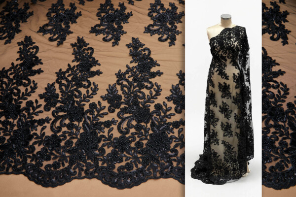 Black Beaded and Corded Floral Embroidery on Tulle in Black