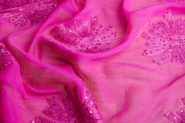 Magenta Chiffon with Large Embroidered Flowers fabric