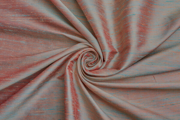 3-colour Slub Silk Dupion - Apricot and Mint shot Red fabric