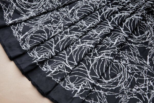 Off White Abstract Tumbleweed Embroidery on Black Silk Dupion