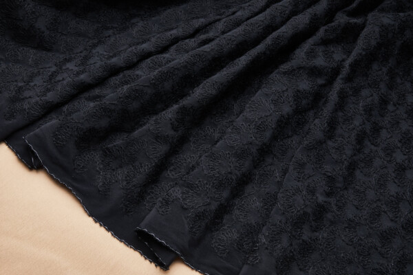 Black Mohair Wool Abstract Embroidery on Black Silk Crepe