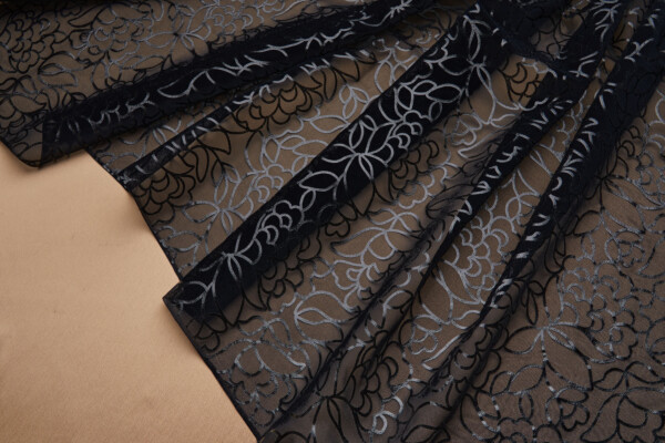 Glossy and Graphic Floral Foil Print on Silk Chiffon - Black