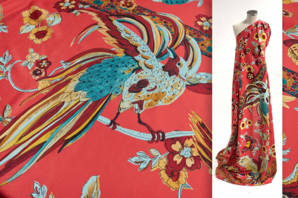 Tropical Birds and Flowers Printed Crepe de Chine - Coral Red, Teal and Yellow fabric