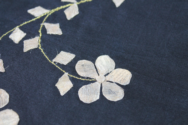 Black Silk Organza - Gold Applique Flowers fabric