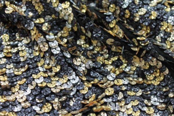 Corrugated Round Sequin on Silk Chiffon - Gold/Silver/Black fabric