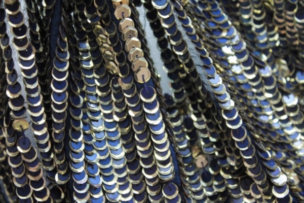 Cupped Layered Sequin on Silk Chiffon - Gold/Navy fabric