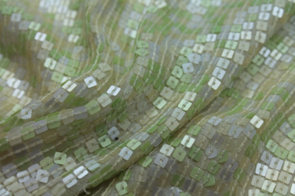 Small Square Sequin on Silk Chiffon - Pastel green fabric