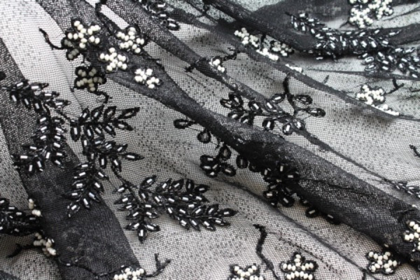 Black Floral Lace with Black and White Bugle and Textured Beads fabric