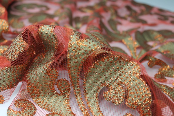 Glitter Swirl Tulle - Green/Copper/Rust fabric