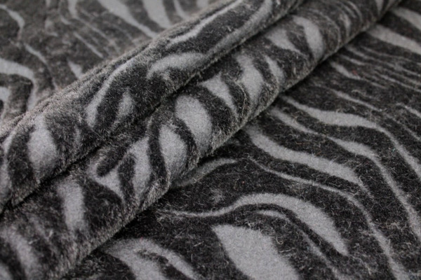 Boiled Wool Jersey Knit - Black with Black Flocked Fur Stripes fabric