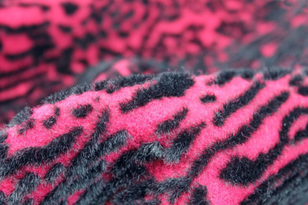 Boiled Wool Jersey Knit - Berry with Black Flocked Fur Spots fabric