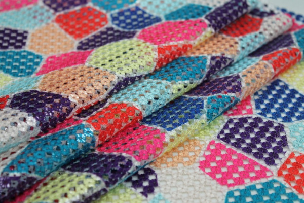 "Patchwork" Print Sequin Mesh - Multi Colour fabric