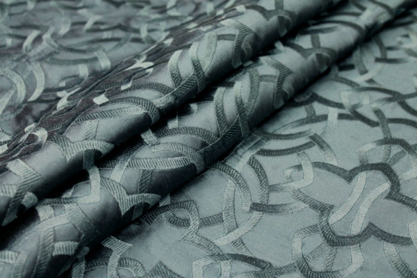 Geometric Embroidered Silk Dupion - Teal fabric