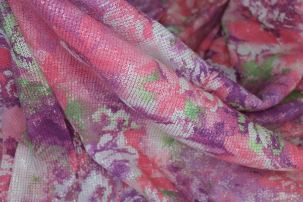 Floral Printed Sequin On Stretch Tulle fabric