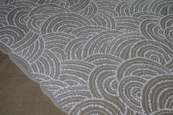 Beaded Wave Pattern Tulle - Ivory with Sequins and Glass Beads fabric