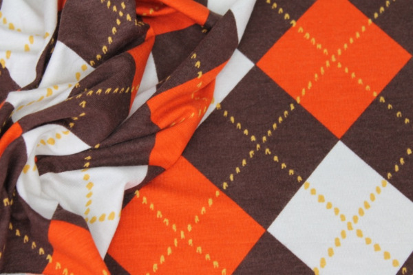 Argyle Check Print Jersey - Orange/Ivory/Brown fabric