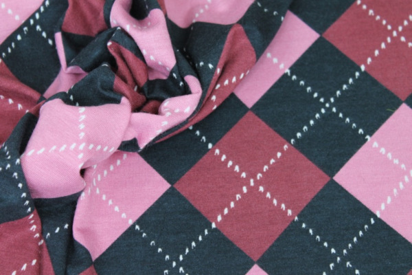 Argyle Check Print Jersey - Pink/Burgundy/Navy fabric
