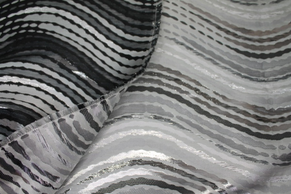 Reversible Black, Grey and Silver Wavy Brocade fabric