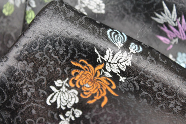 Chinese Brocade - Multi Colour Cherry Blossom and Flowers on Black fabric