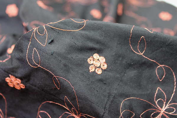 Black Silk Dupion w/ Simplistic Copper Embroidery fabric