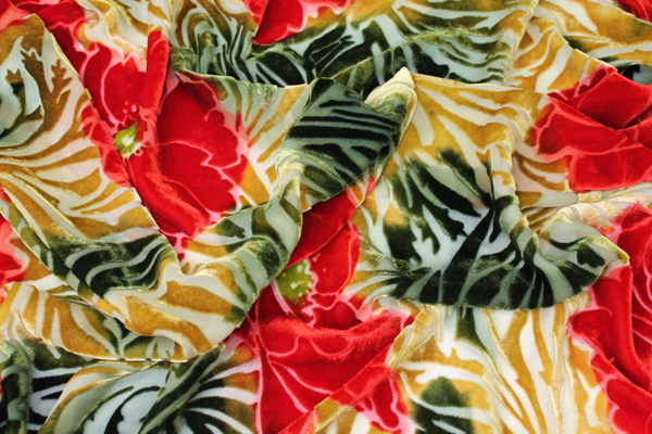 Silk Velvet Devore - Green and Gold with Red Flowers fabric
