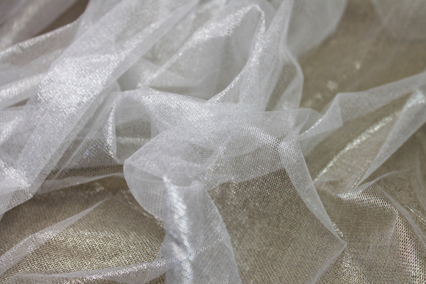 Foil Printed Silk Tulle - Silver on White fabric