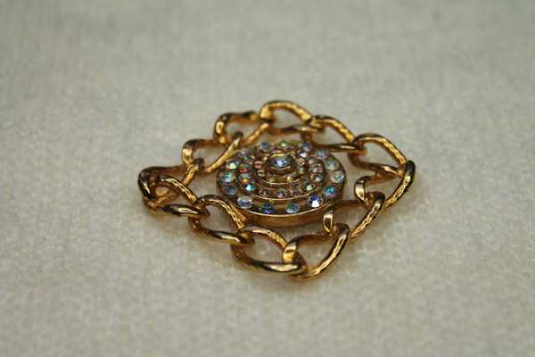 Square Metal Gold Chain Button with AB Rhinestones - Large