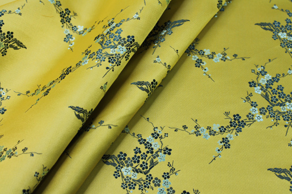 Chinese Brocade - Yellow w/Green Cherry Blossom fabric