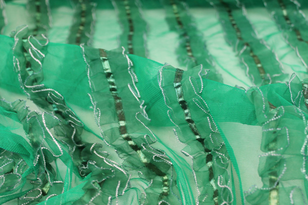 Green Organza Ribbon Frills on Tulle fabric