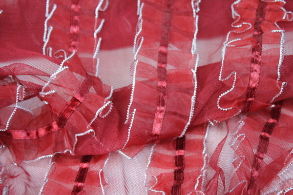 Deep Red Organza Ribbon Frills on Tulle fabric