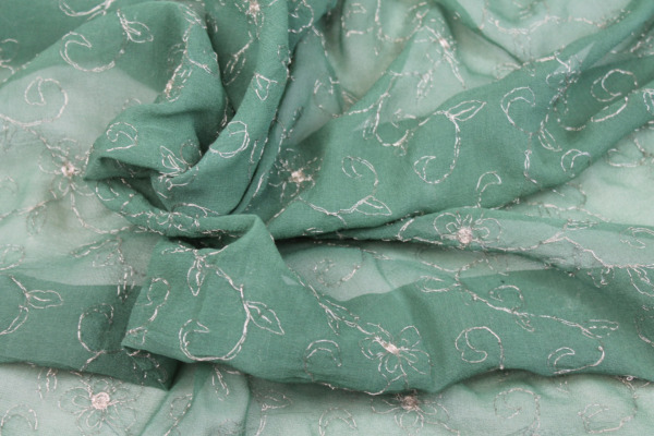 Metallic Floral and Swirl Embroidery on Green Silk Chiffon fabric
