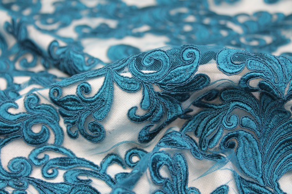 Corded Embroidered Tulle - Teal fabric