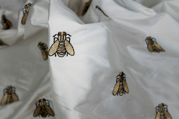 Silk Dupion Embroidered with Bees - Ivory / Gold fabric