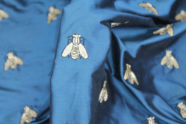 Silk Dupion Embroidered with Bees - Dark Blue / Gold fabric