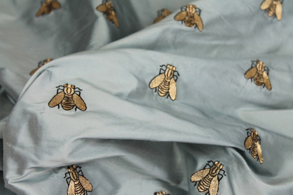 Silk Dupion Embroidered with Bees - Dusty Blue / Gold fabric
