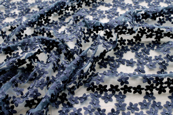 Beaded and Embroidered Flowers on Tulle - Navy fabric