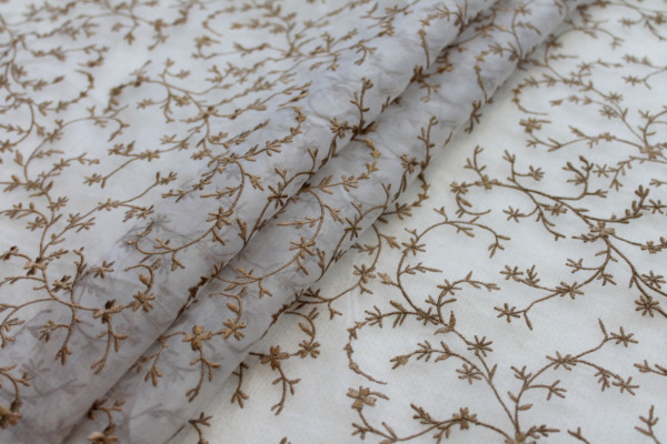 Embroidered Silk Organza - Gold Small Flowers On Ivory fabric