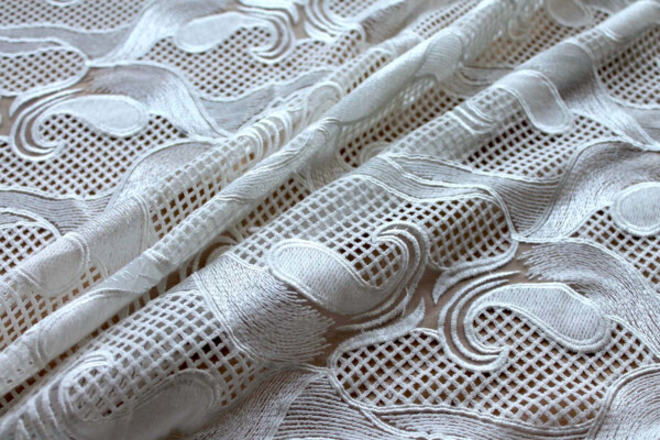 Embroidered Modern Pattern on Tulle - Ivory fabric