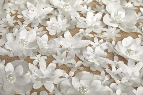 3D Cut Out Flowers with Pearls on Tulle - Ivory fabric
