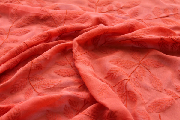 Embroidered Applique Leaf on Orange Silk Georgette fabric