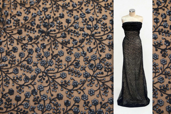Sequinned and Embroidered Flowers on Tulle - Black