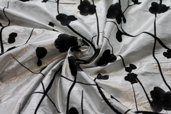 Black Floral Embroidery on Silver shot Black Metallic Dupion fabric
