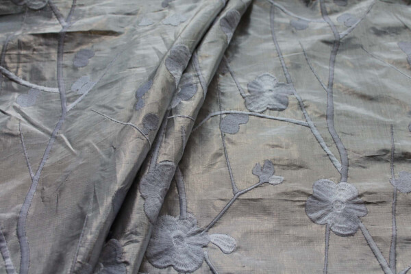 White Floral Embroidery on Pale Silver Metallic Dupion fabric