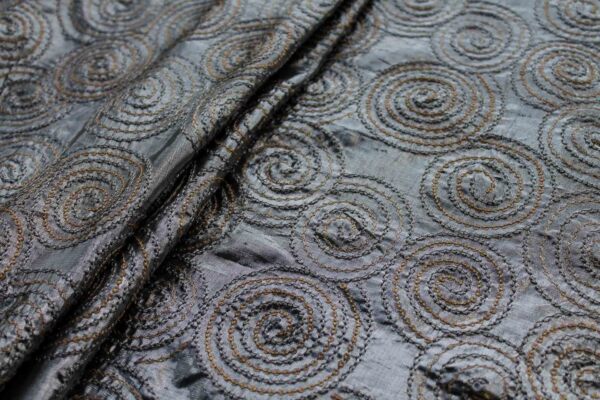 Spiral Embroidery with Sequins on Silver Metallic Dupion fabric
