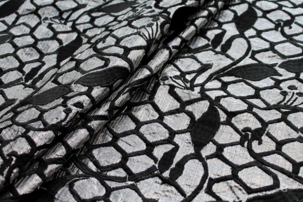 Honeycomb and Leaf Embroidery in Black on Silver Metallic Dupion fabric