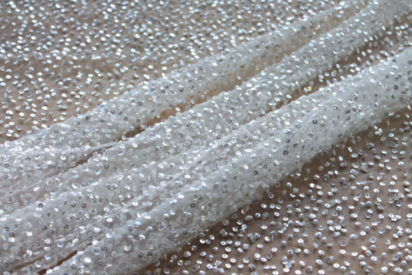 Shiny Off White Sequins and Pearls on Tulle fabric