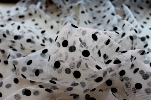 Flock Spot / Polka Dot Tulle - Black on Nude - Medium fabric