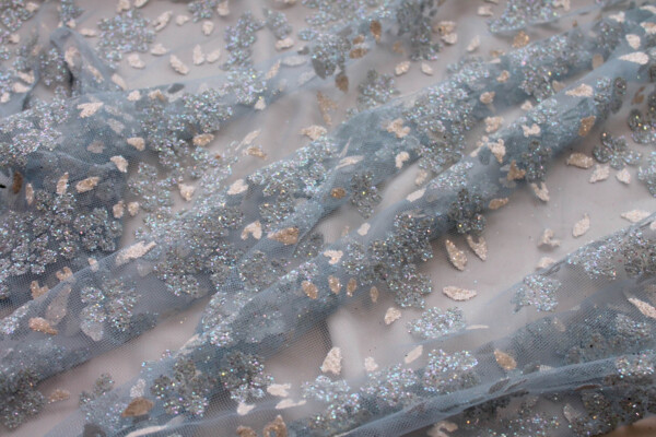 Glitter Flowers on Tulle - Pale Blue fabric