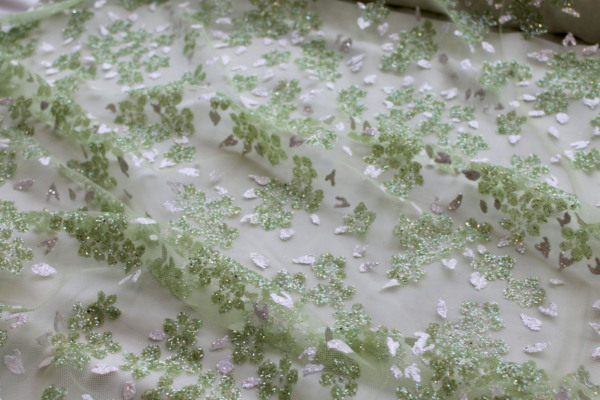 Glitter Flowers on Tulle - Pale Green fabric